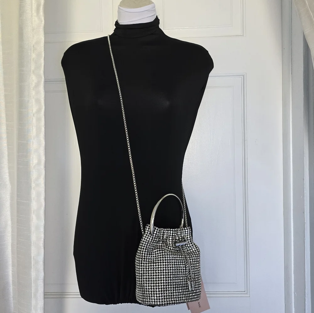 E|N Expressions NYC Rhinestone Small Bucket Bag Top Handle Shoulder Silver-tone